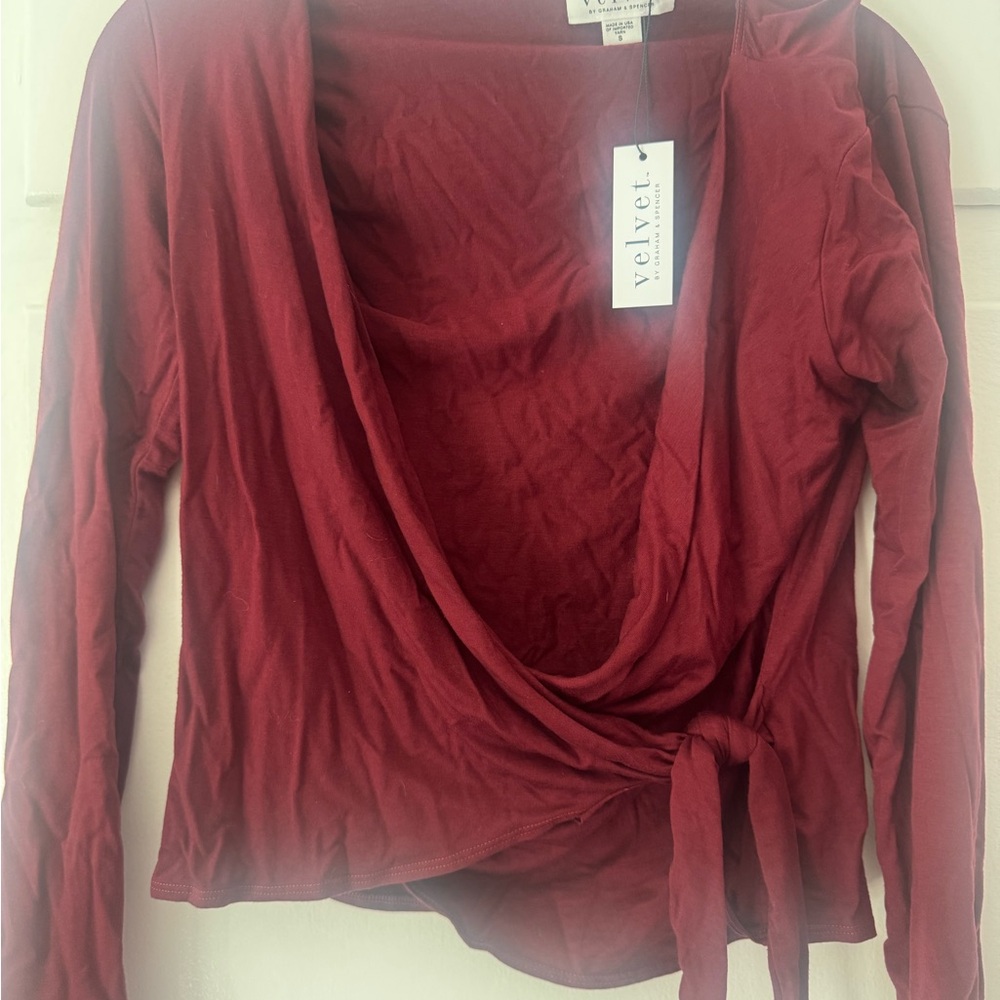 Velvet by Graham & Spencer Wrap-Front Long Sleeve Top in Burgundy